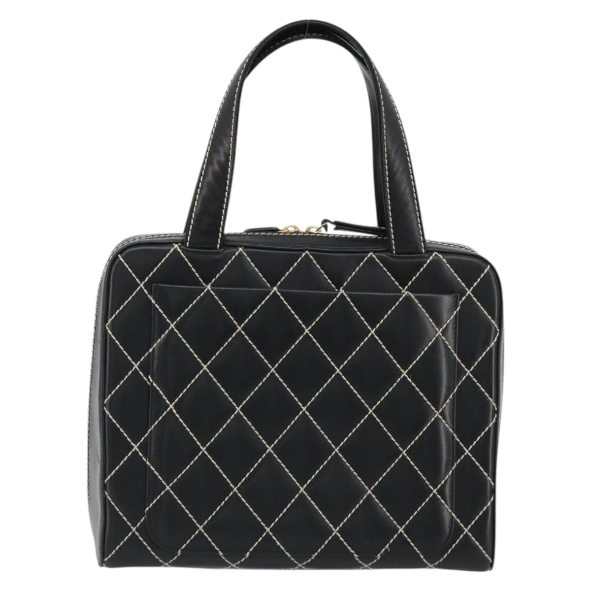 CHANEL Wild Stitch Hand Bag Leather Black Gold CC Auth 189773