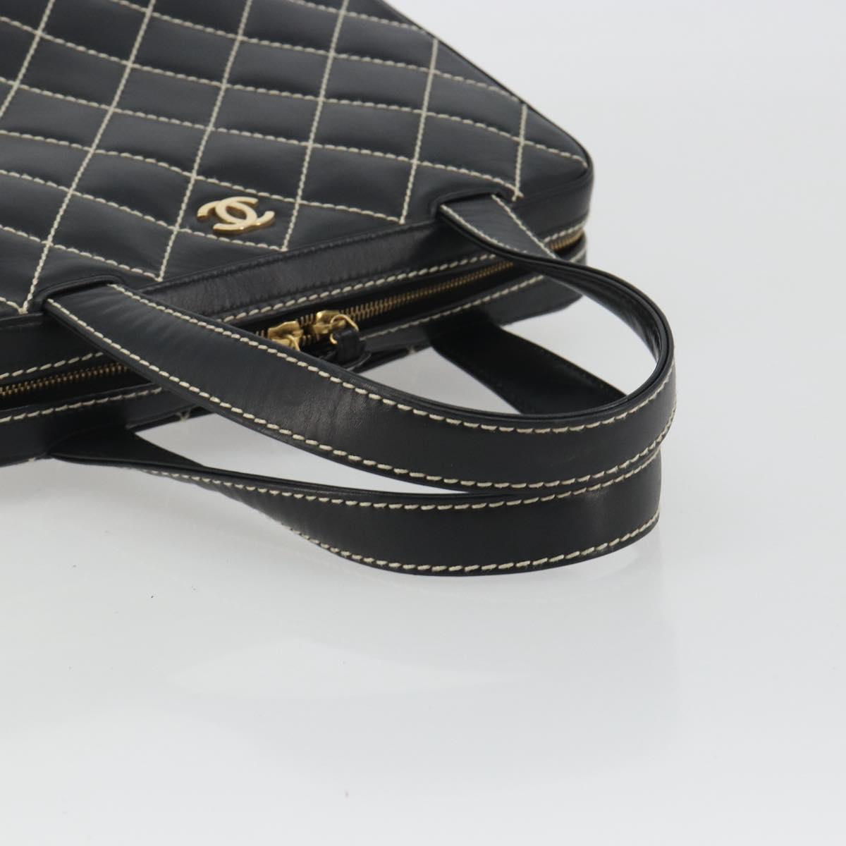 CHANEL Wild Stitch Hand Bag Leather Black Gold CC Auth 189773
