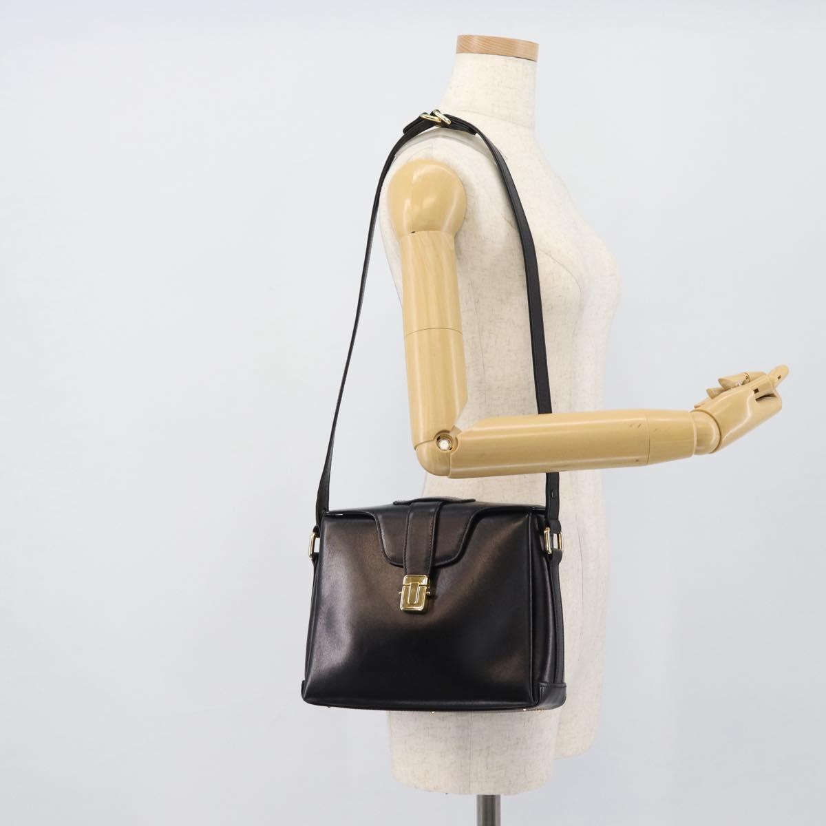GUCCI Shoulder Bag Leather Black Gold Auth 189787A
