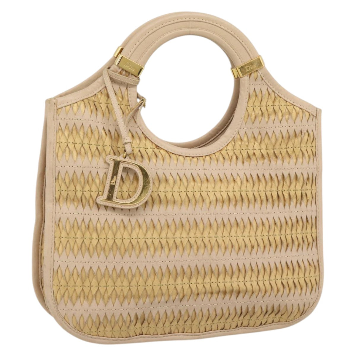 Christian Dior Hand Bag Leather Beige Gold Auth 189788A