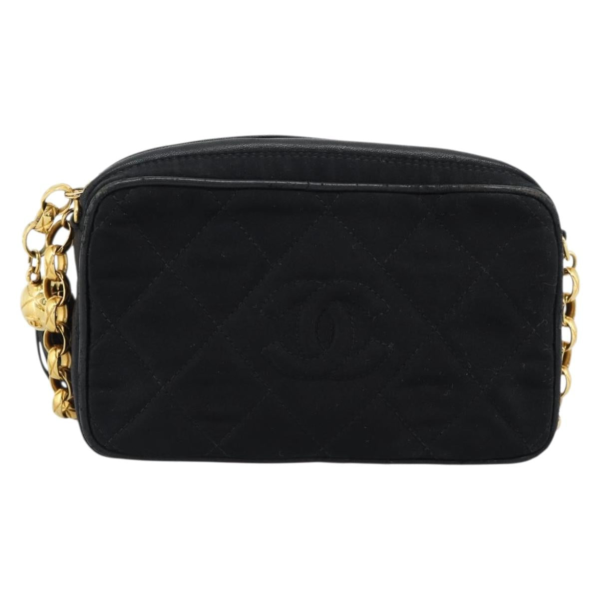 CHANEL Matelasse Chain Shoulder Bag Satin Black Gold CC Auth 189794V