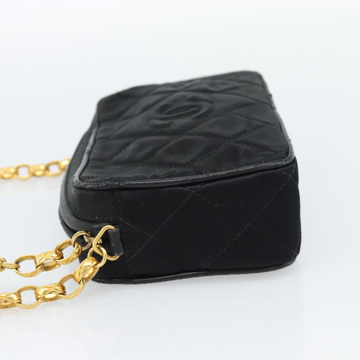 CHANEL Matelasse Chain Shoulder Bag Satin Black Gold CC Auth 189794V
