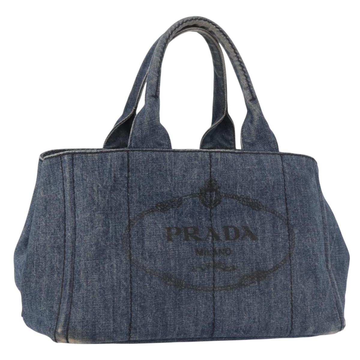 PRADA Canapa M Hand Bag Denim Blue Gold Auth 189795A