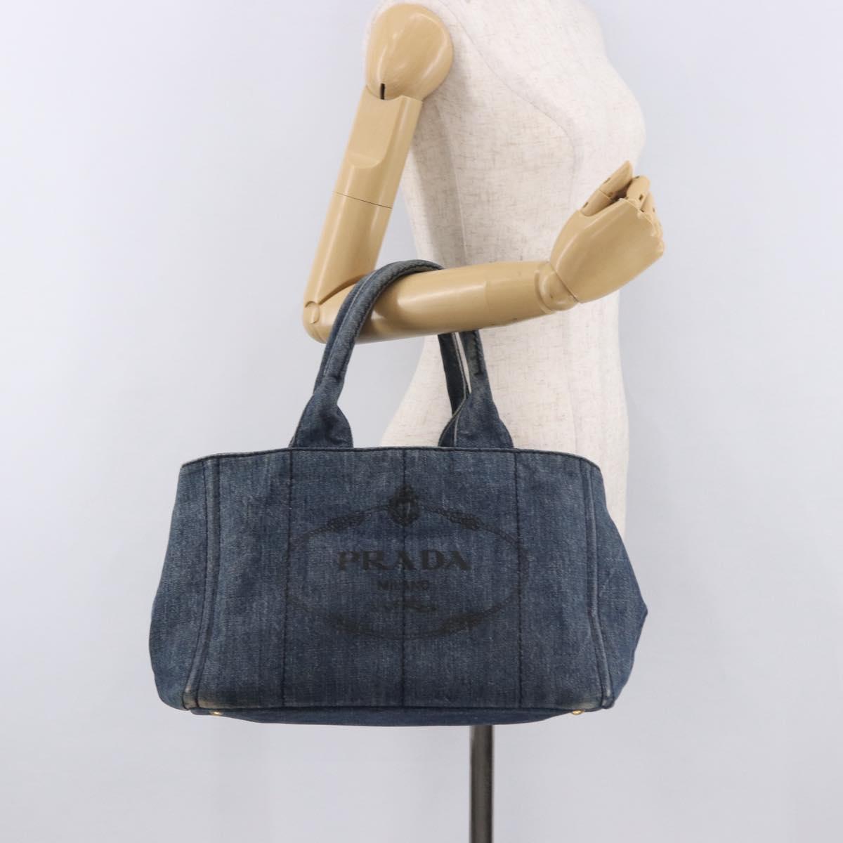 PRADA Canapa M Hand Bag Denim Blue Gold Auth 189795A