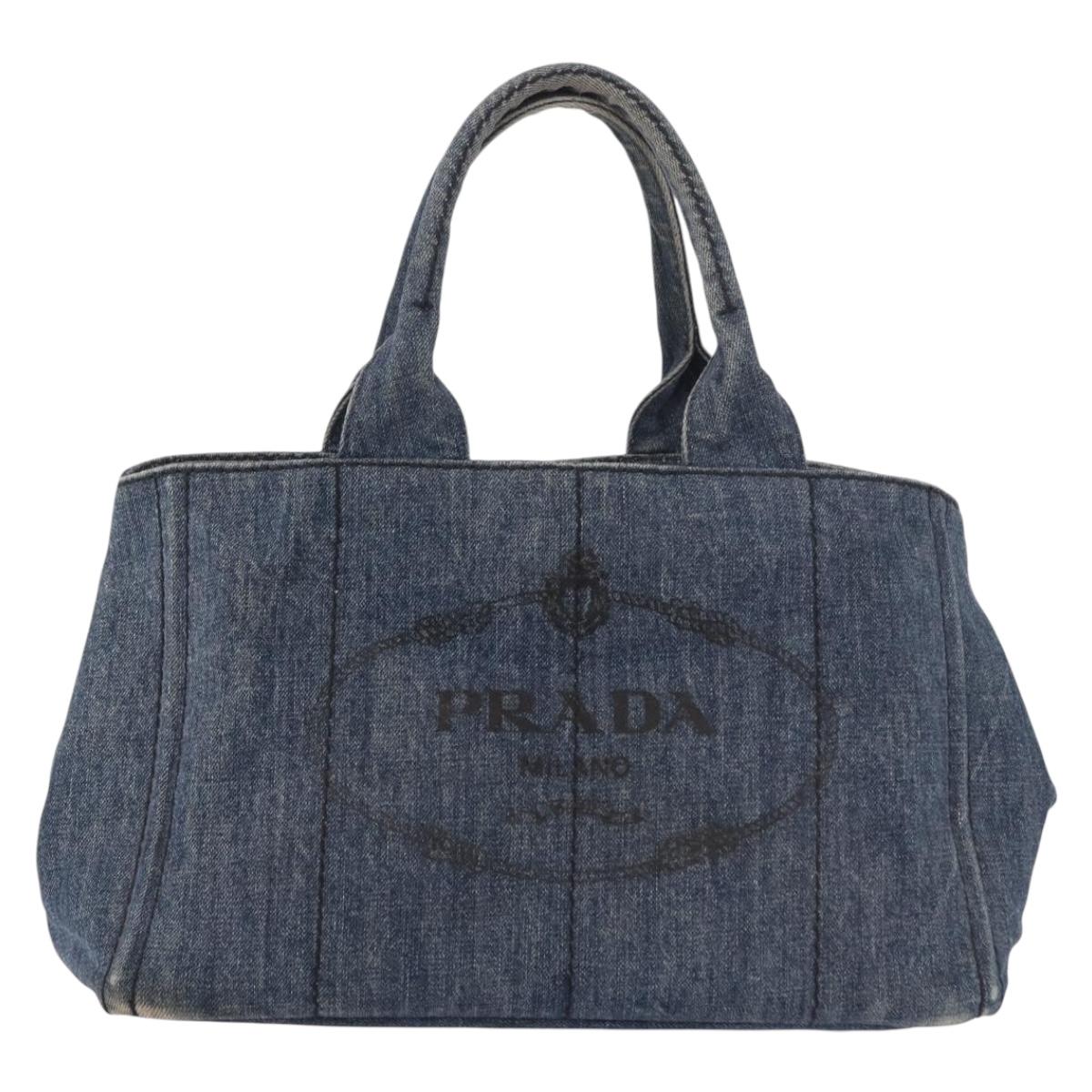 PRADA Canapa M Hand Bag Denim Blue Gold Auth 189795A