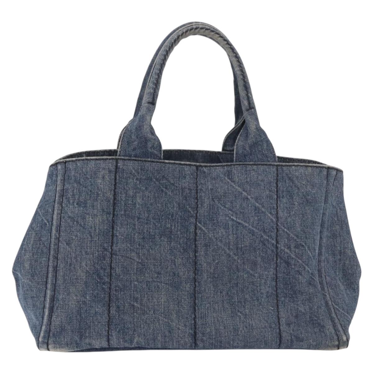 PRADA Canapa M Hand Bag Denim Blue Gold Auth 189795A