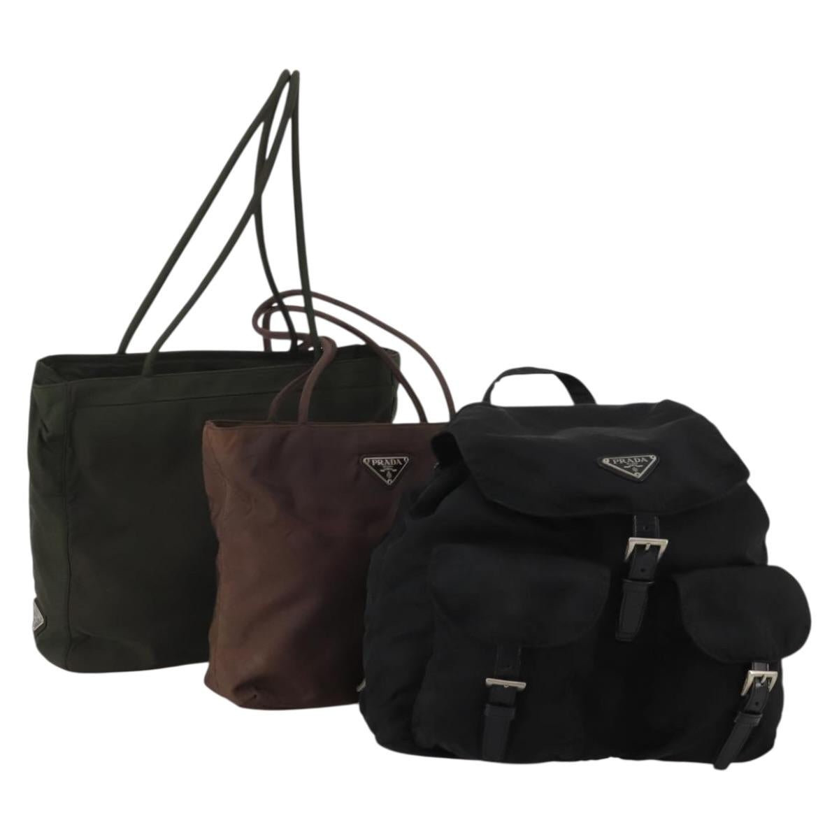 PRADA Hand Bag Nylon 3 Set Black Brown khaki Auth 189799