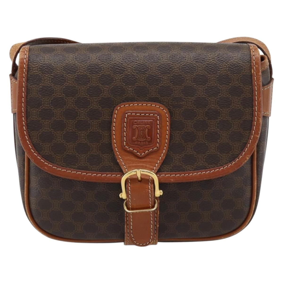 CELINE Macadam Canvas Shoulder Bag PVC Leather Brown Gold Auth 189803