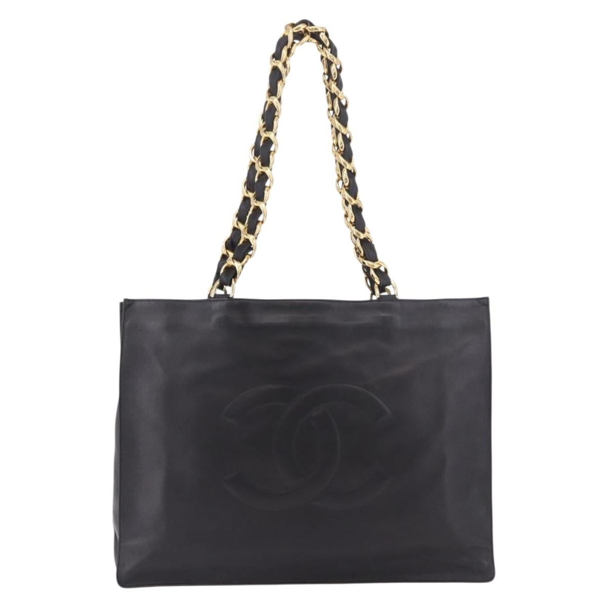CHANEL Chain Shoulder Tote Bag Lamb Skin Black Gold CC Auth 189822V