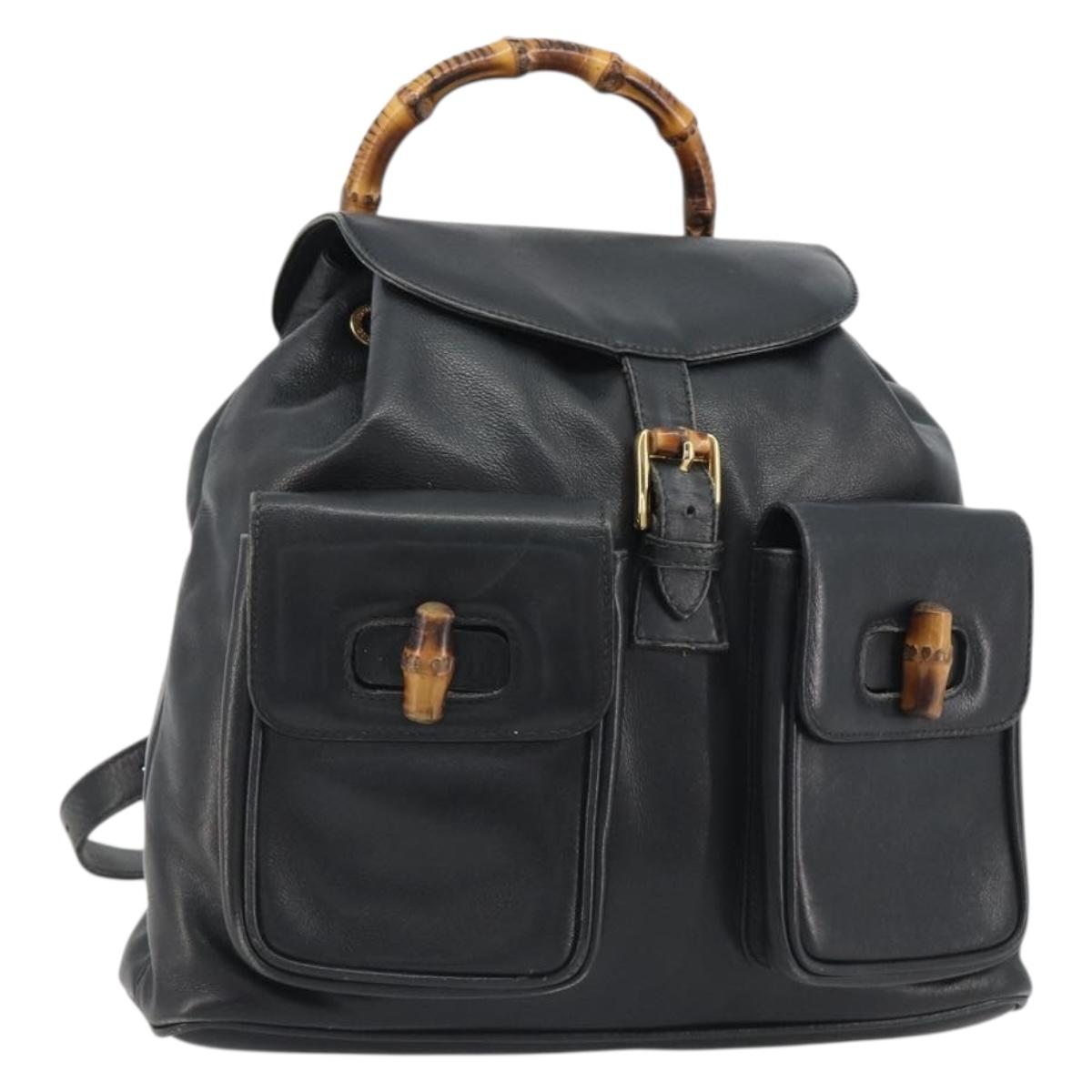 GUCCI Bamboo Backpack Leather Black Gold 003 1998 0016 Auth 189830