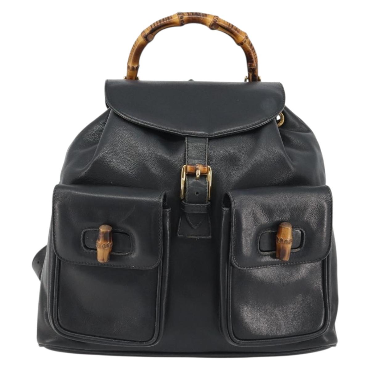 GUCCI Bamboo Backpack Leather Black Gold 003 1998 0016 Auth 189830