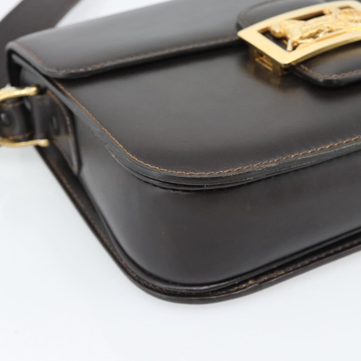 CELINE Horse Carriage Shoulder Bag Leather Dark Brown Gold Auth 189835A