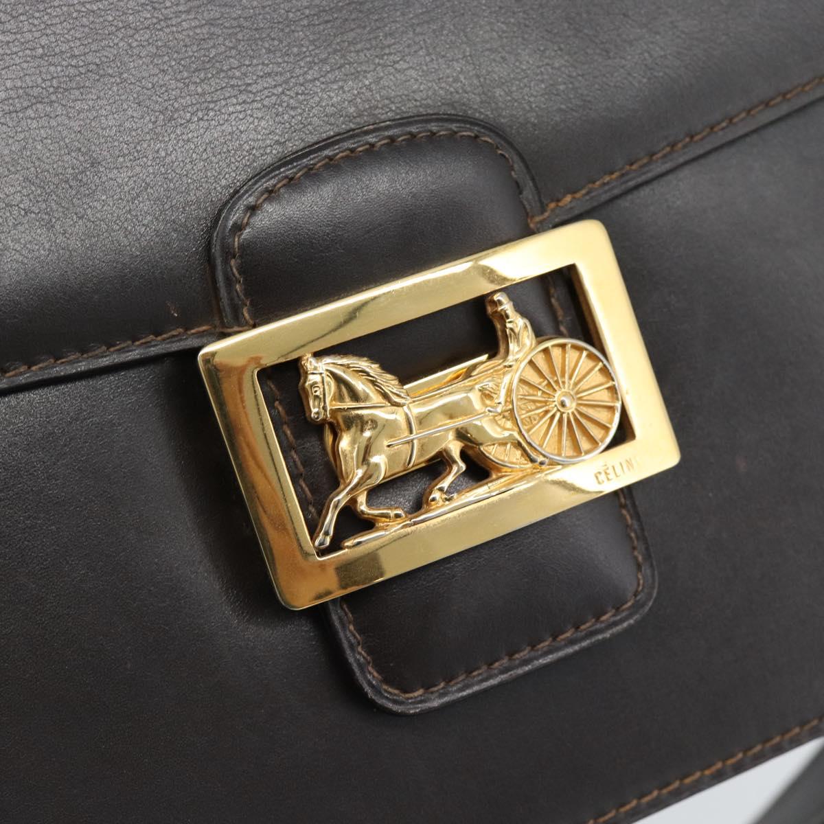 CELINE Horse Carriage Shoulder Bag Leather Dark Brown Gold Auth 189835A