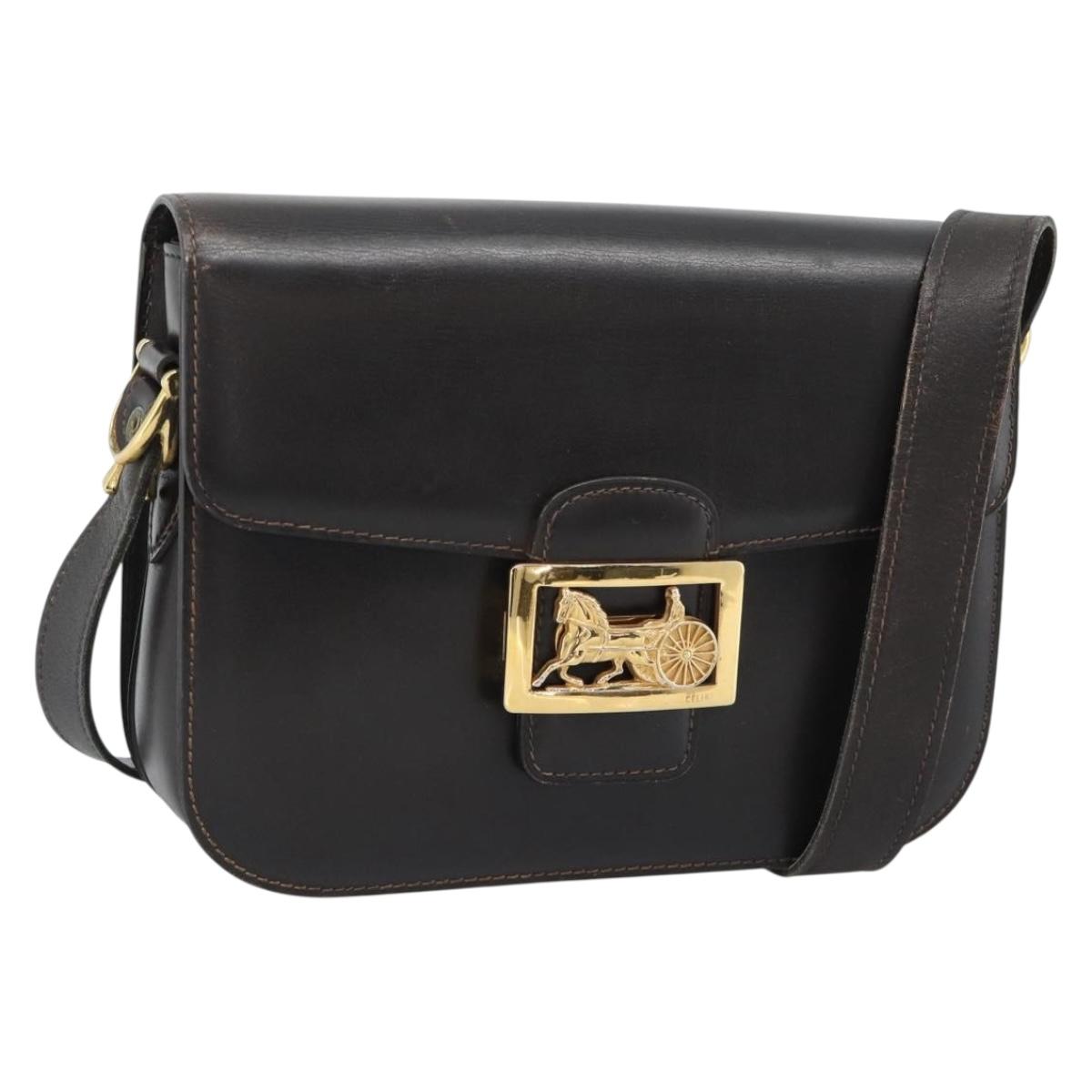 CELINE Horse Carriage Shoulder Bag Leather Dark Brown Gold Auth 189835A