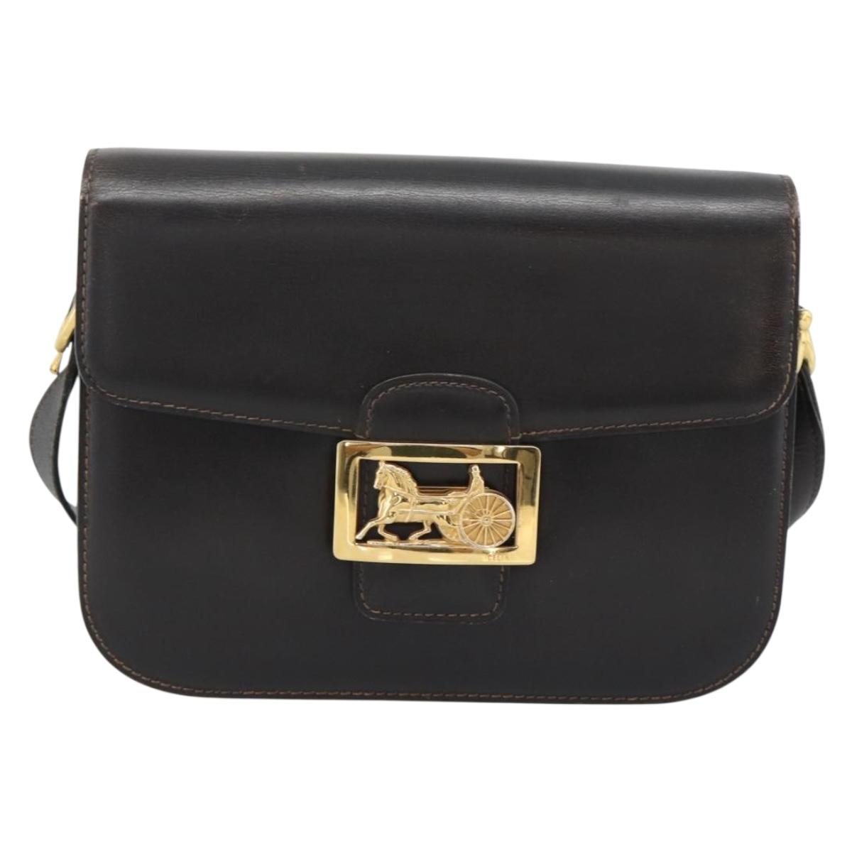 CELINE Horse Carriage Shoulder Bag Leather Dark Brown Gold Auth 189835A