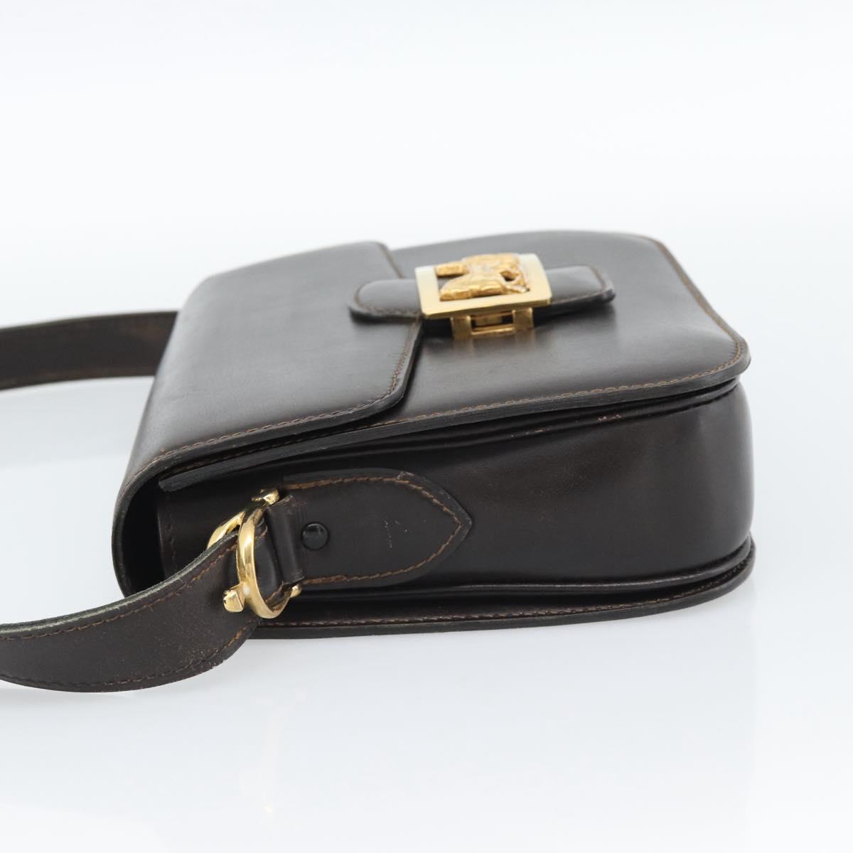CELINE Horse Carriage Shoulder Bag Leather Dark Brown Gold Auth 189835A