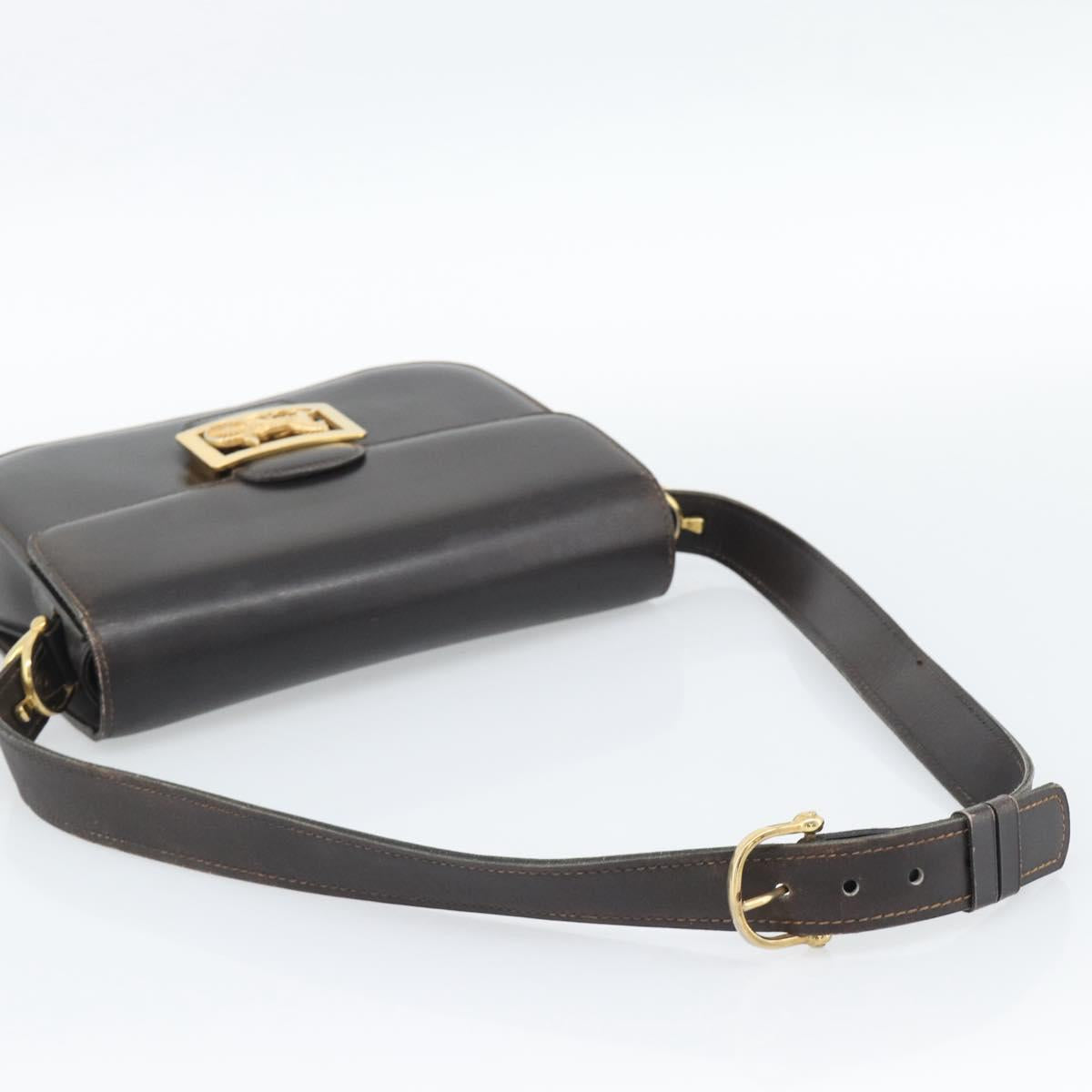 CELINE Horse Carriage Shoulder Bag Leather Dark Brown Gold Auth 189835A