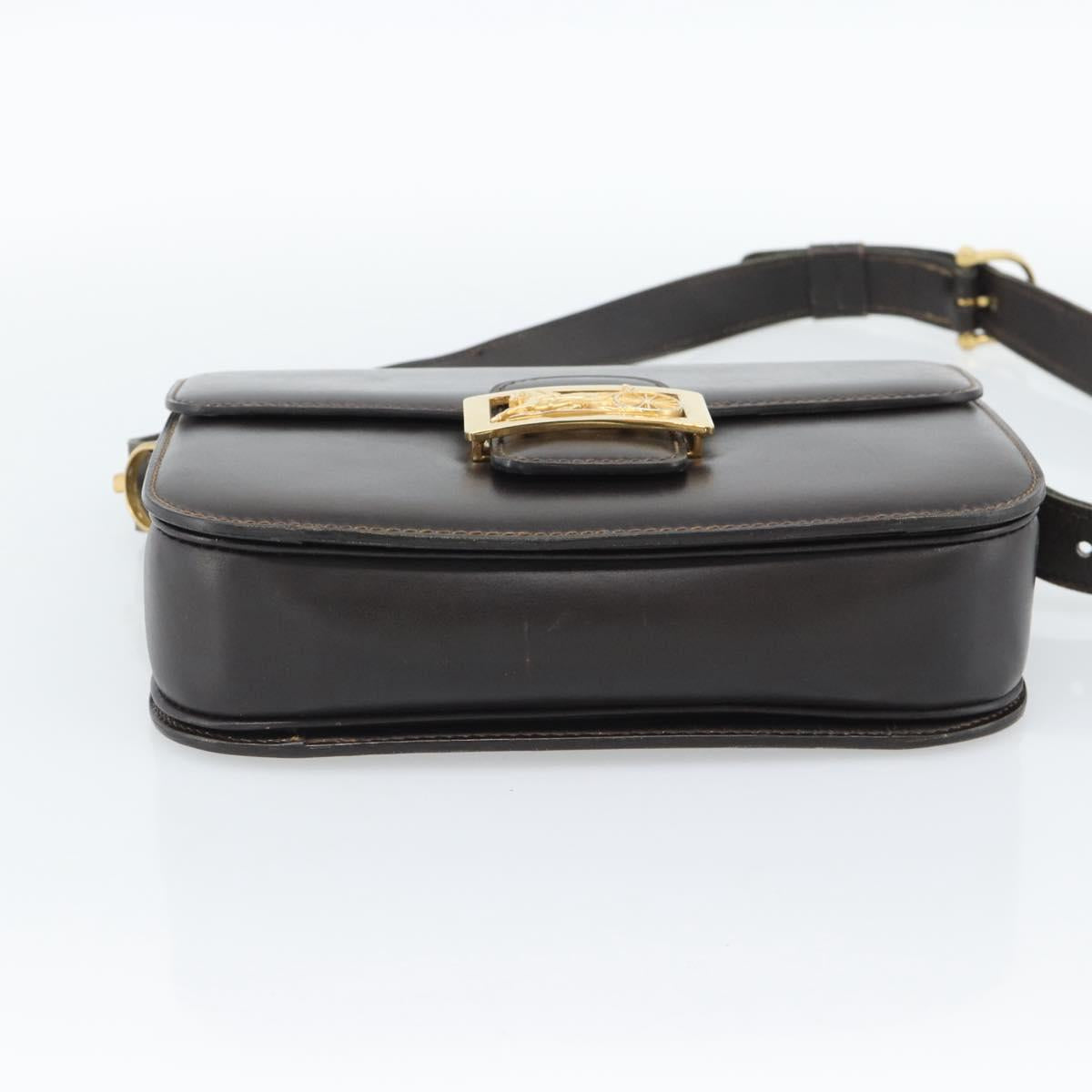 CELINE Horse Carriage Shoulder Bag Leather Dark Brown Gold Auth 189835A