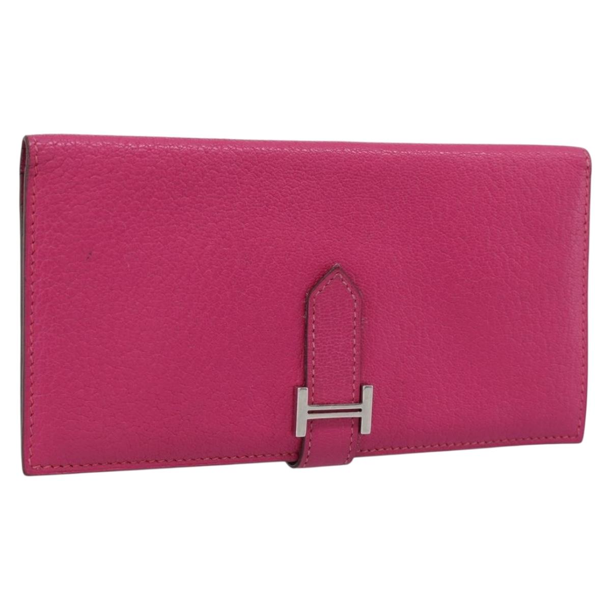HERMES Bearn Souffl Chevre Wallet Leather Pink Silver Auth 189841M