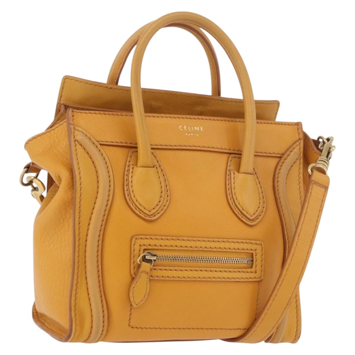 CELINE Luggage Nano Shopper Hand Bag Leather 2way Yellow Gold Auth 189842A