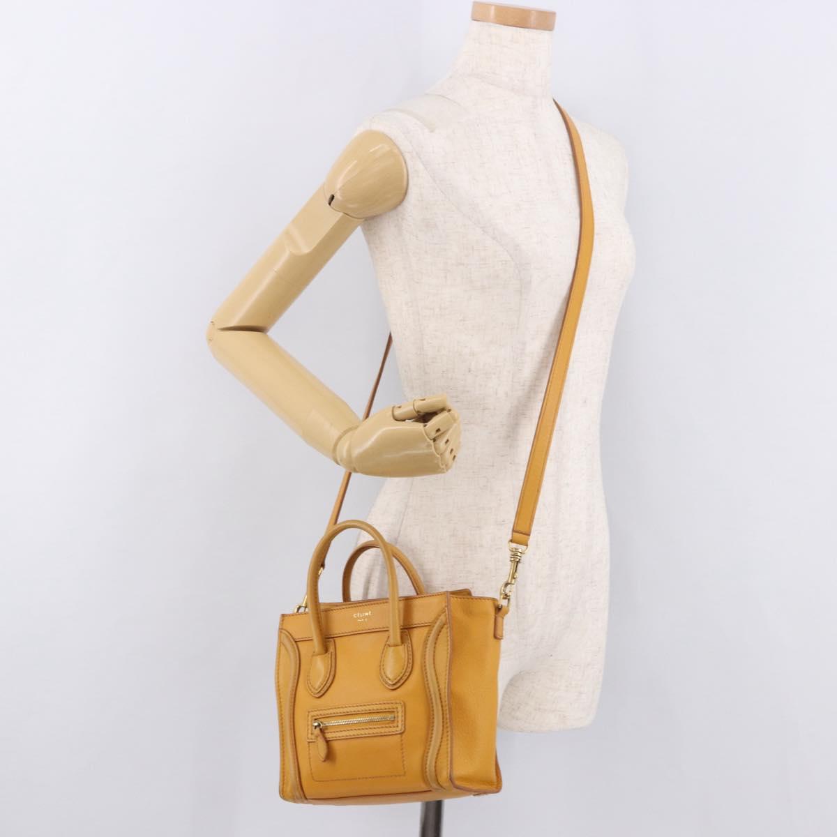 CELINE Luggage Nano Shopper Hand Bag Leather 2way Yellow Gold Auth 189842A