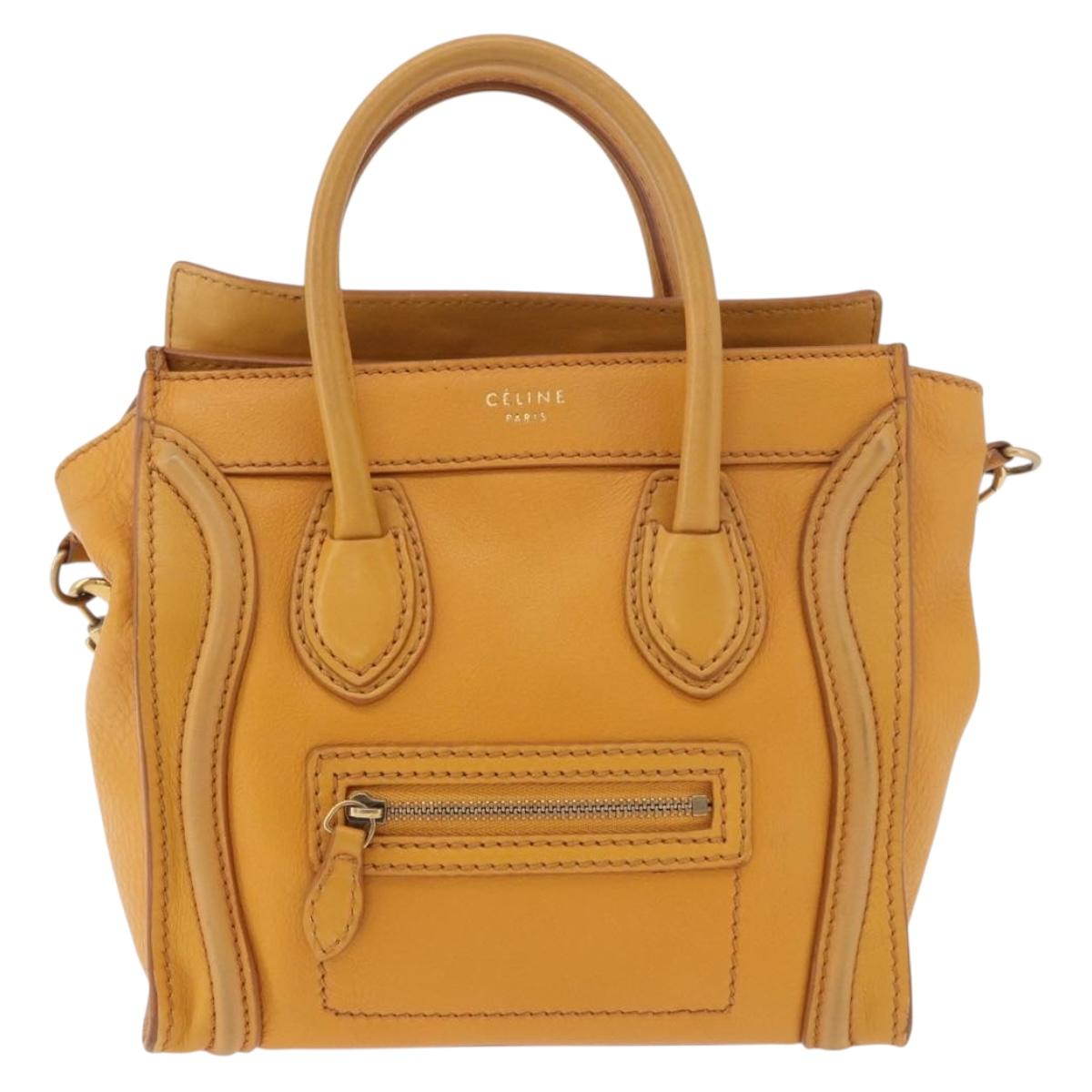 CELINE Luggage Nano Shopper Hand Bag Leather 2way Yellow Gold Auth 189842A