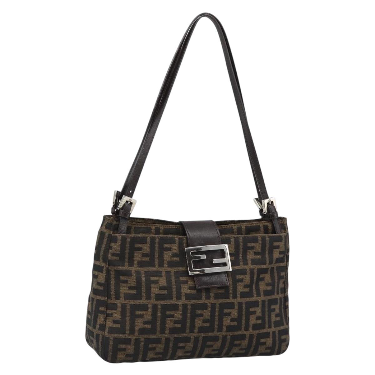 FENDI Zucca Canvas Mamma Baguette Tote Bag Black Brown Auth 189846A