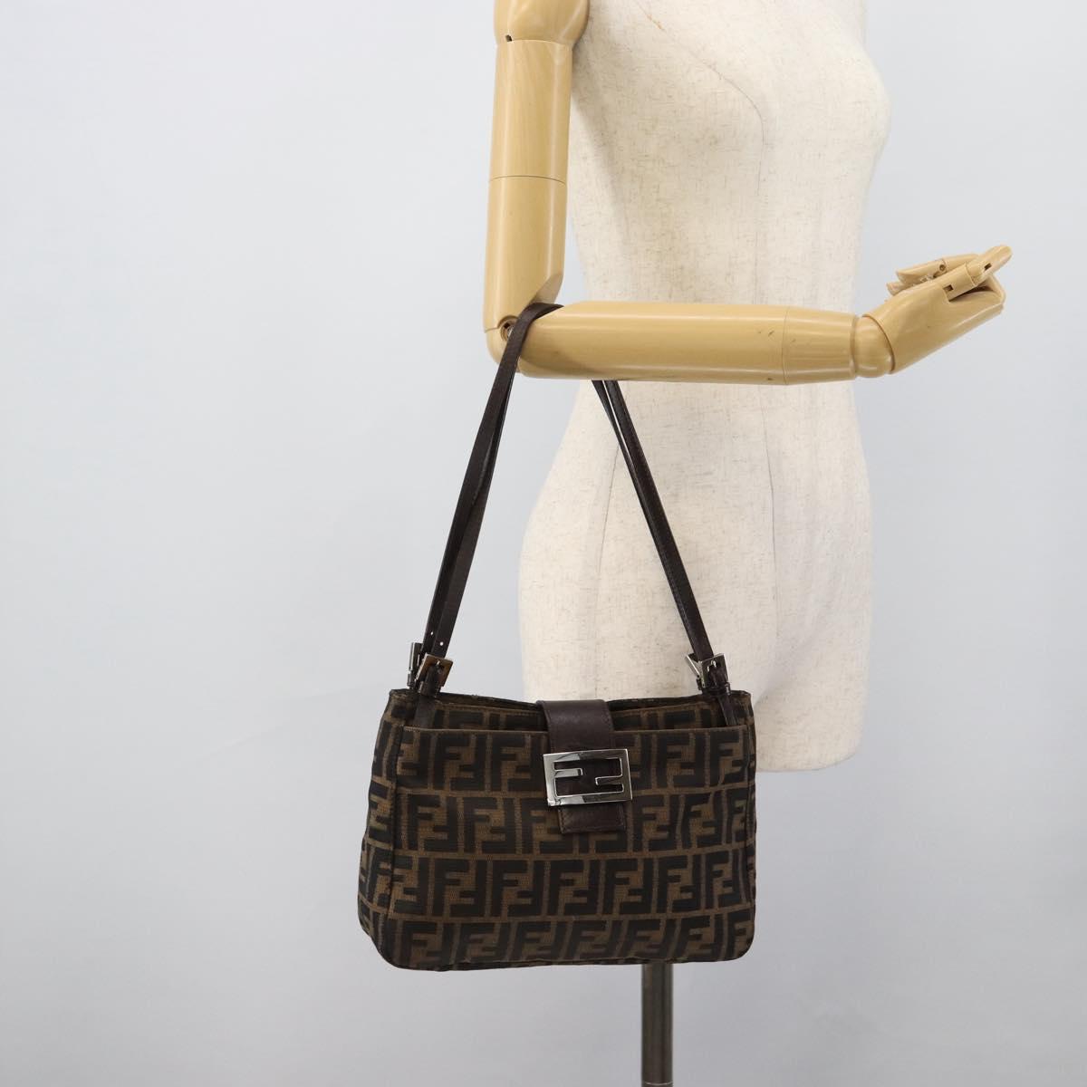 FENDI Zucca Canvas Mamma Baguette Tote Bag Black Brown Auth 189846A