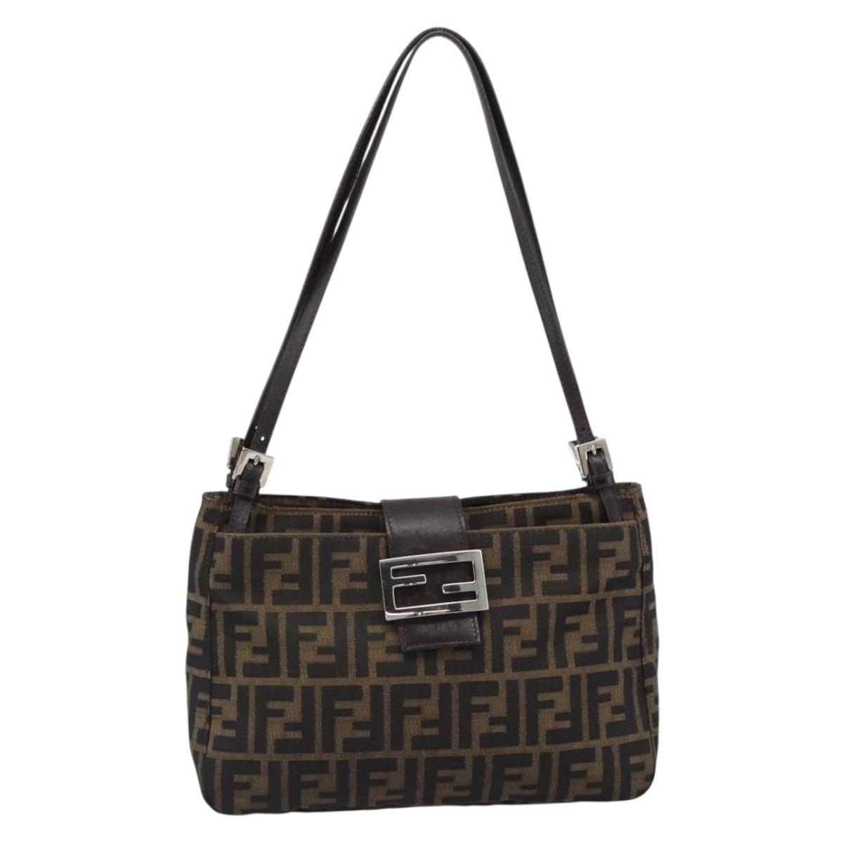 FENDI Zucca Canvas Mamma Baguette Tote Bag Black Brown Auth 189846A