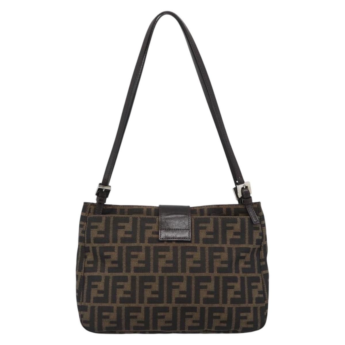 FENDI Zucca Canvas Mamma Baguette Tote Bag Black Brown Auth 189846A
