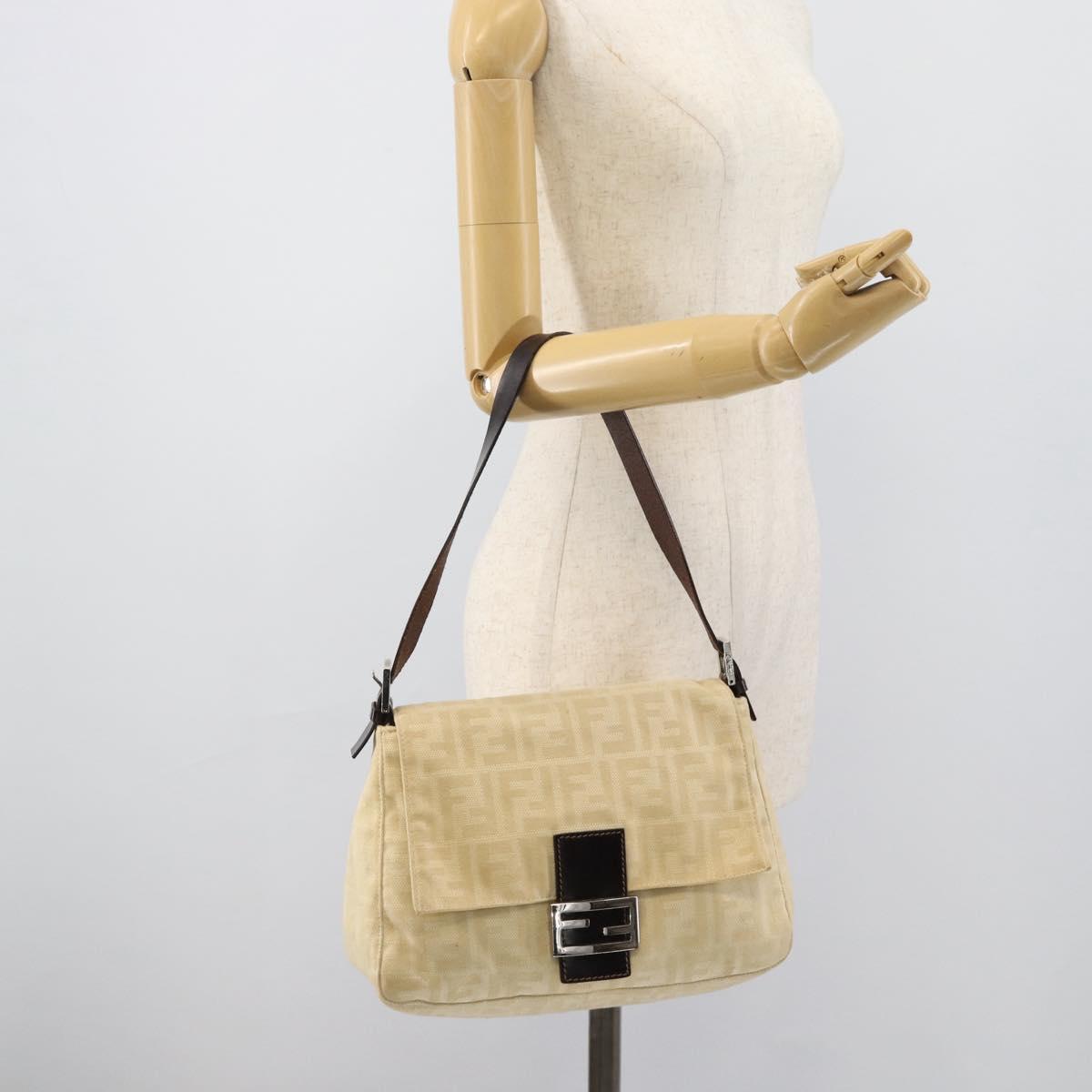 FENDI Zucca Canvas Mamma Baguette Tote Bag Beige Silver Auth 189847A