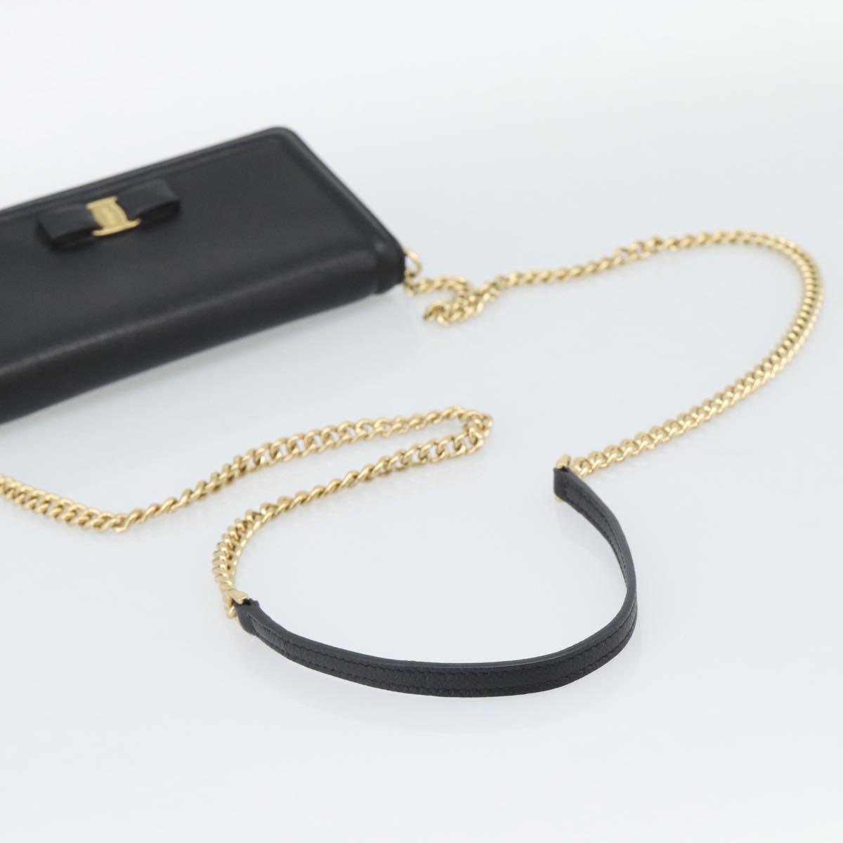 Salvatore Ferragamo Vala Chain Shoulder Bag Leather Black Gold Auth 189851A