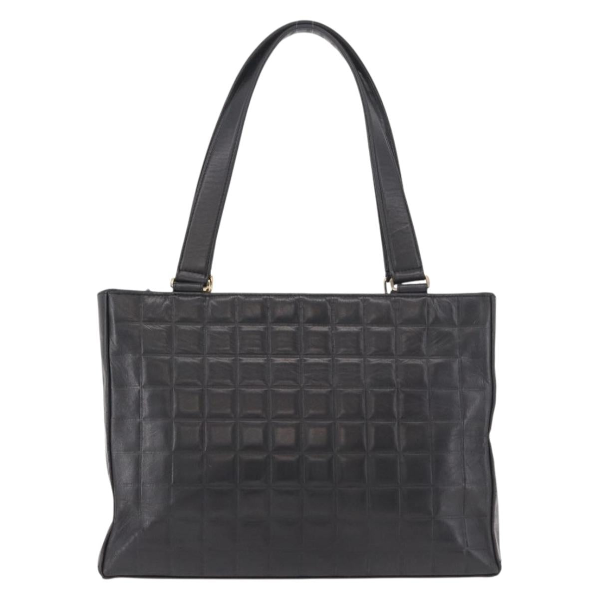 CHANEL Choco Bar Tote Bag Lamb Skin Black Gold CC Auth 189862