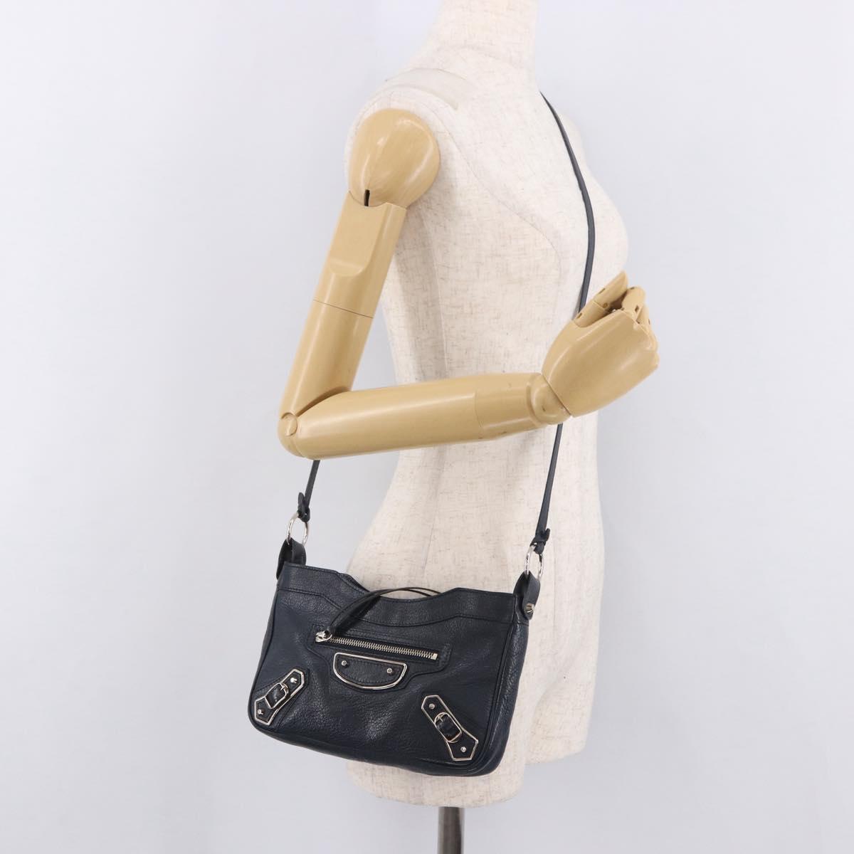 BALENCIAGA Metallic Edge Hip Shoulder Bag Leather Navy Silver Auth 189871A