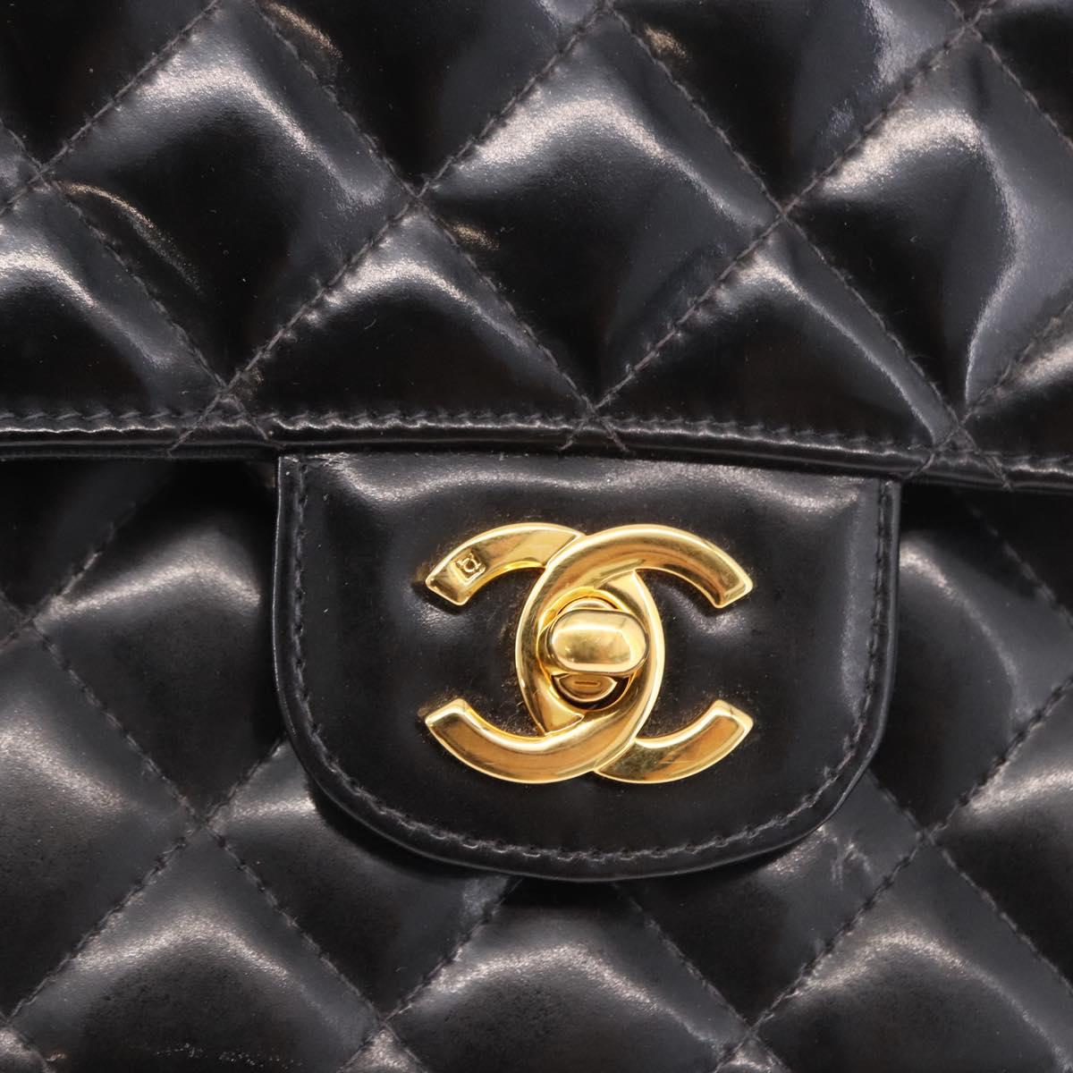 CHANEL Matelasse Hand Bag Patent leather Black Gold CC Auth 189887