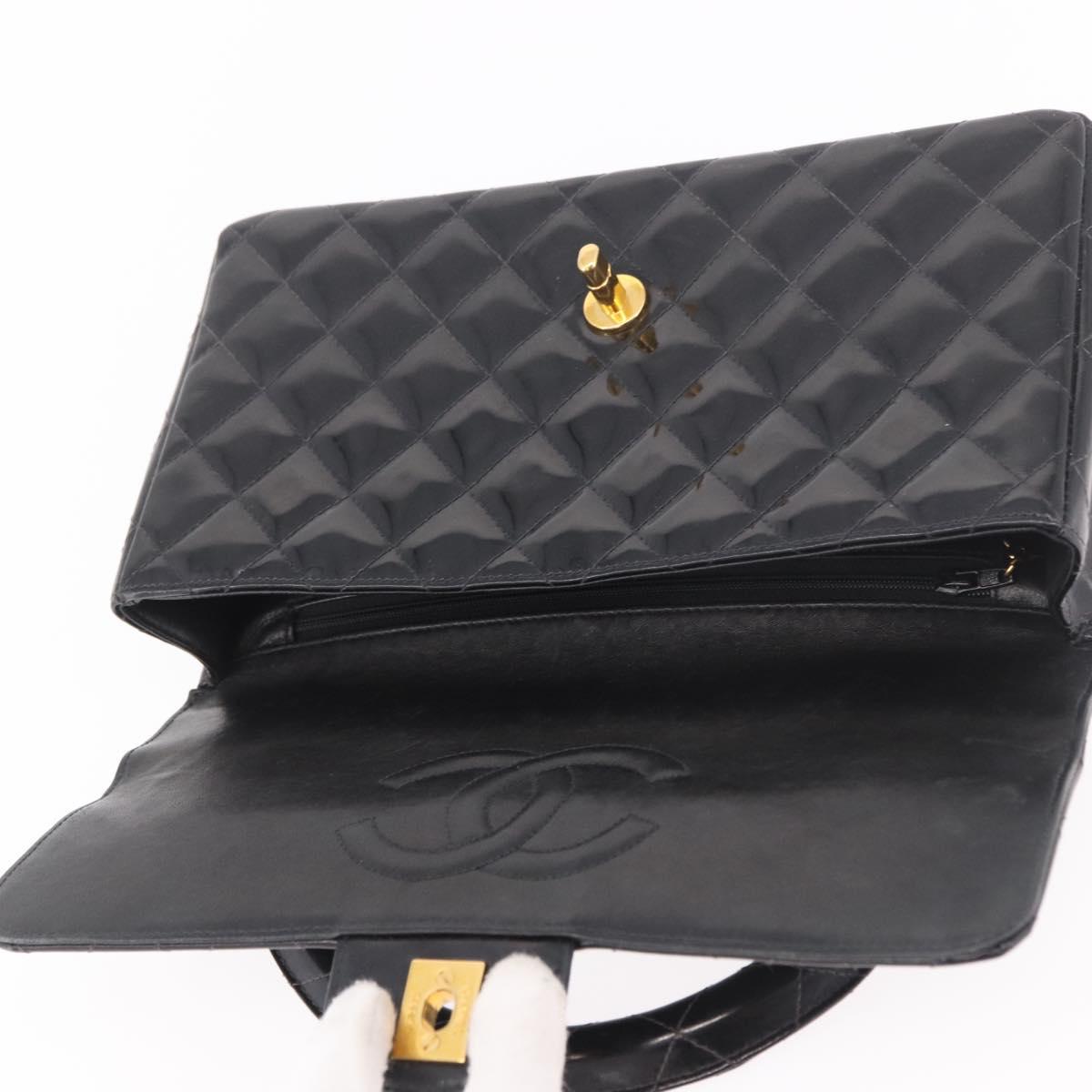 CHANEL Matelasse Hand Bag Patent leather Black Gold CC Auth 189887