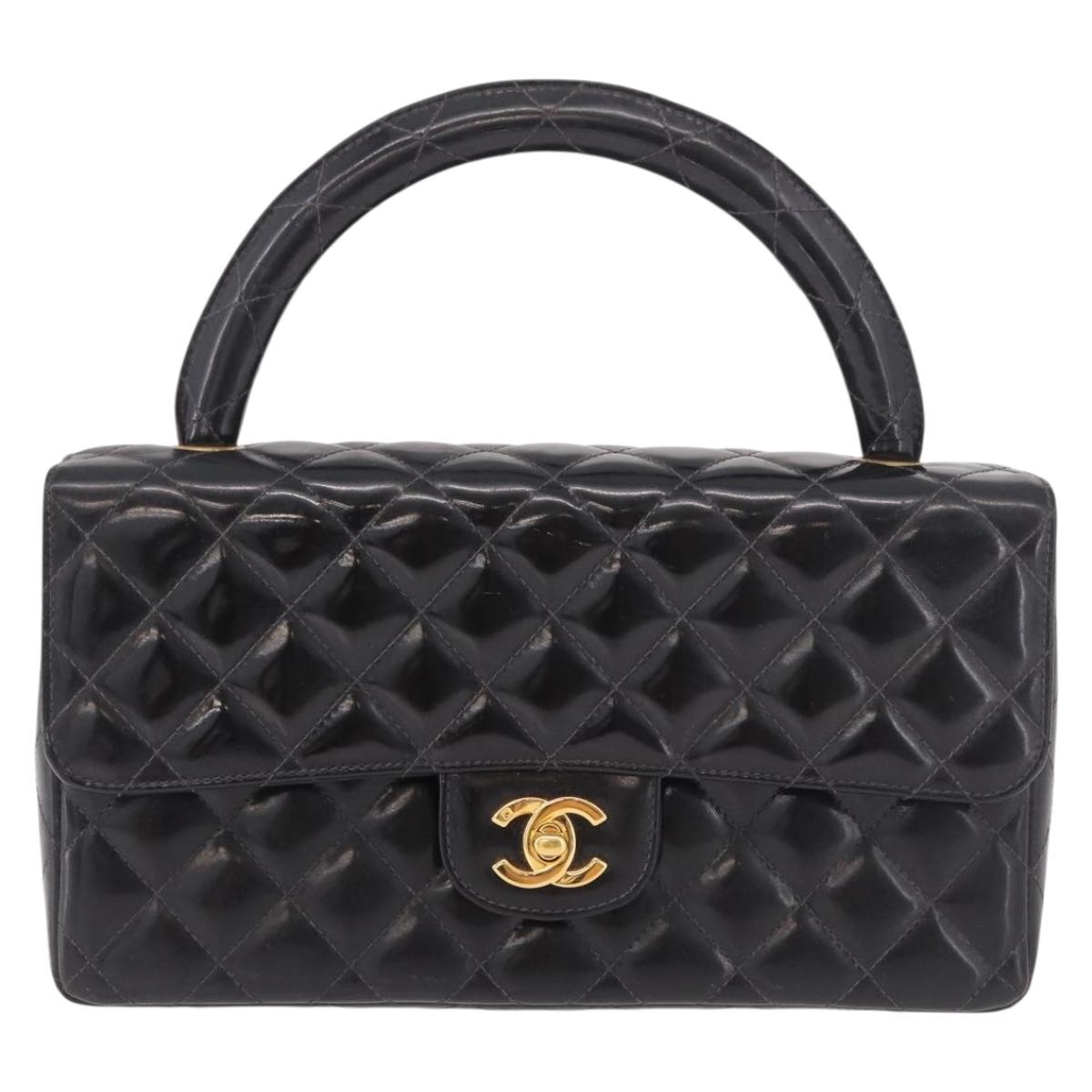 CHANEL Matelasse Hand Bag Patent leather Black Gold CC Auth 189887