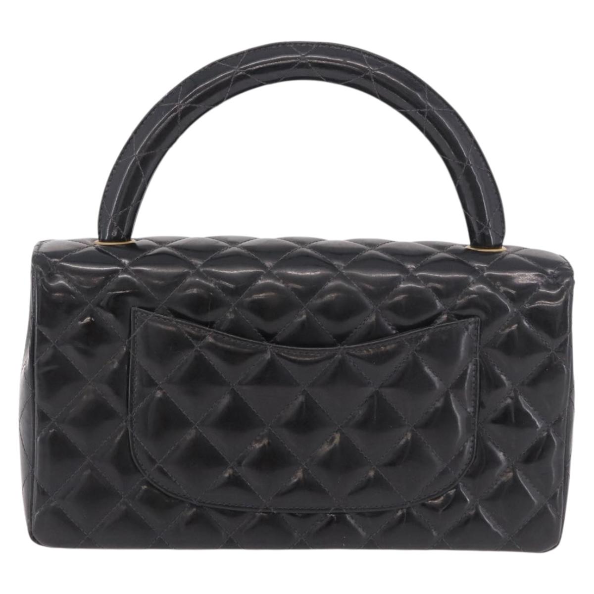 CHANEL Matelasse Hand Bag Patent leather Black Gold CC Auth 189887