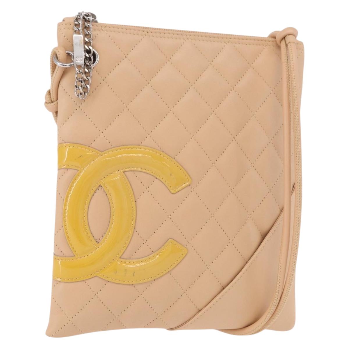 CHANEL Cambon Line Matelasse Shoulder Bag Leather Beige Silver CC Auth 189889A