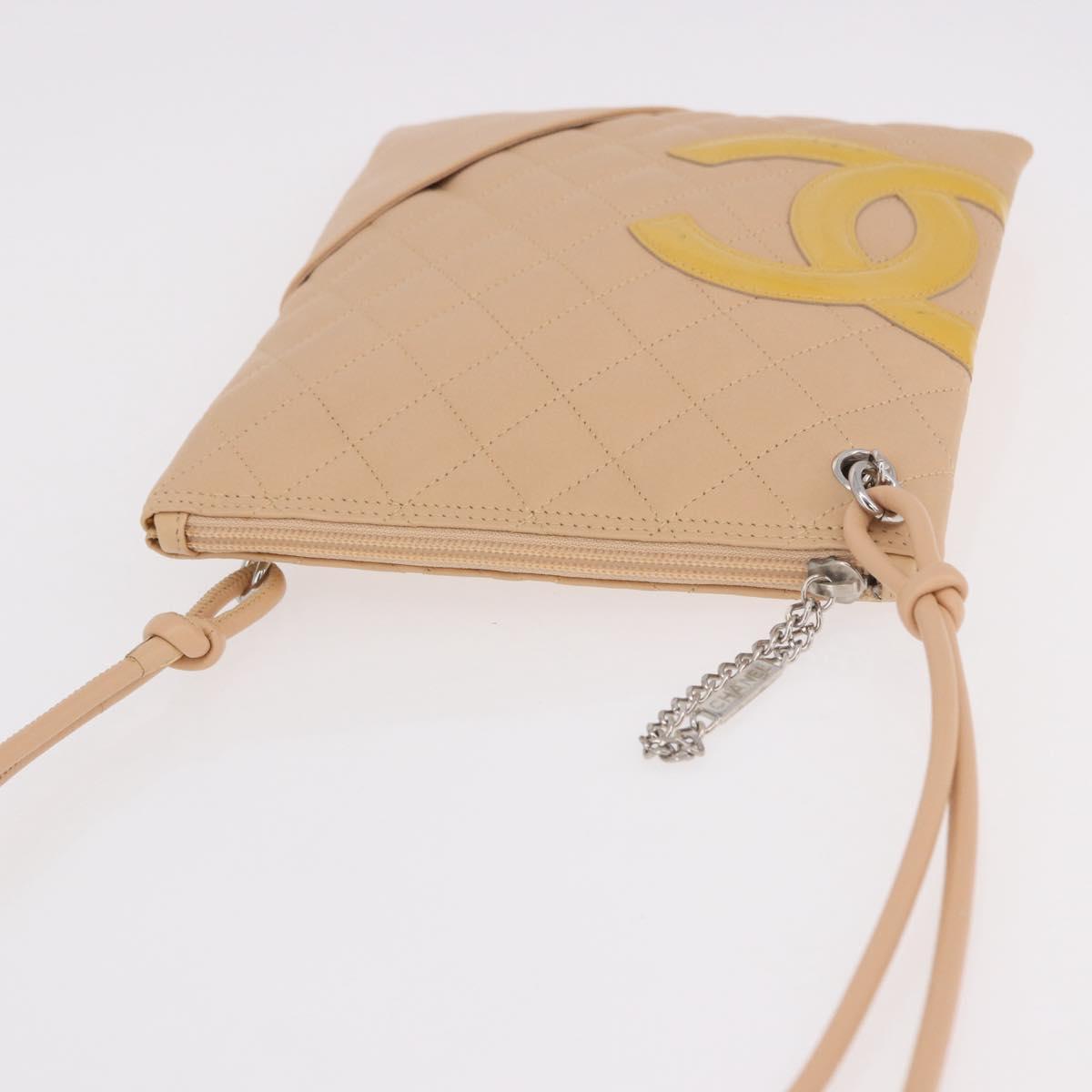CHANEL Cambon Line Matelasse Shoulder Bag Leather Beige Silver CC Auth 189889A