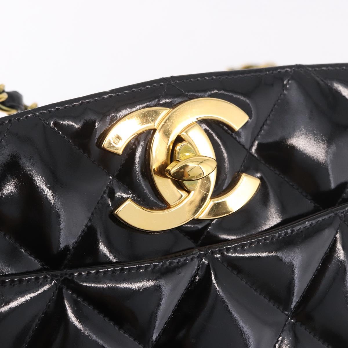 CHANEL Matelasse Chain Tote Bag Patent leather Black Gold CC Auth 189891A