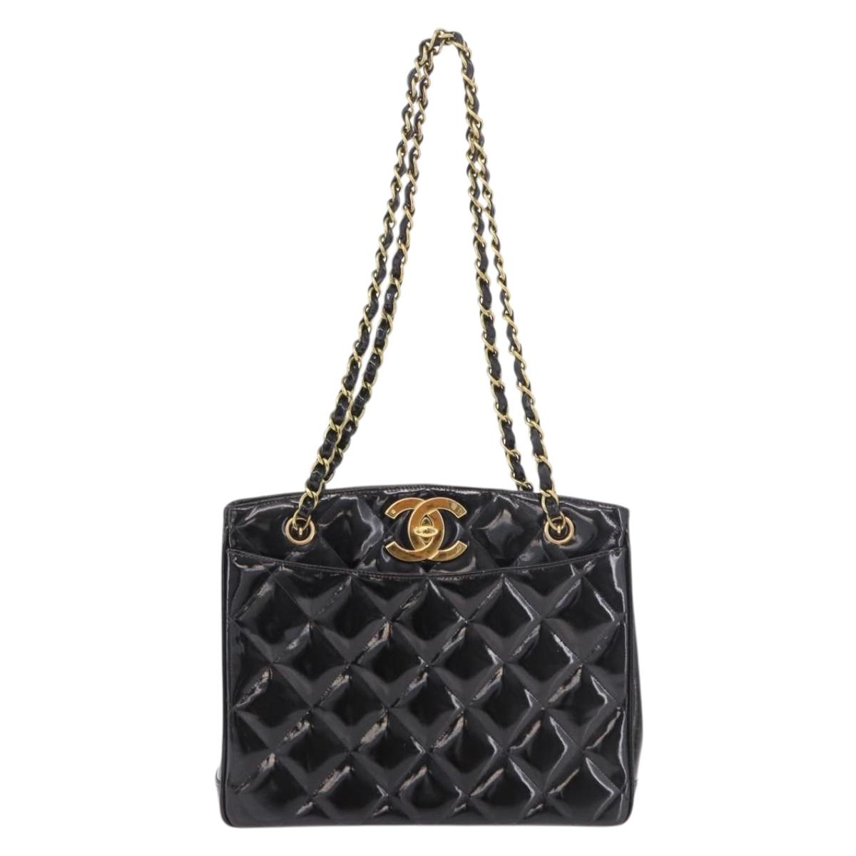 CHANEL Matelasse Chain Tote Bag Patent leather Black Gold CC Auth 189891A