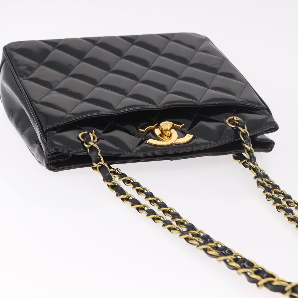 CHANEL Matelasse Chain Tote Bag Patent leather Black Gold CC Auth 189891A