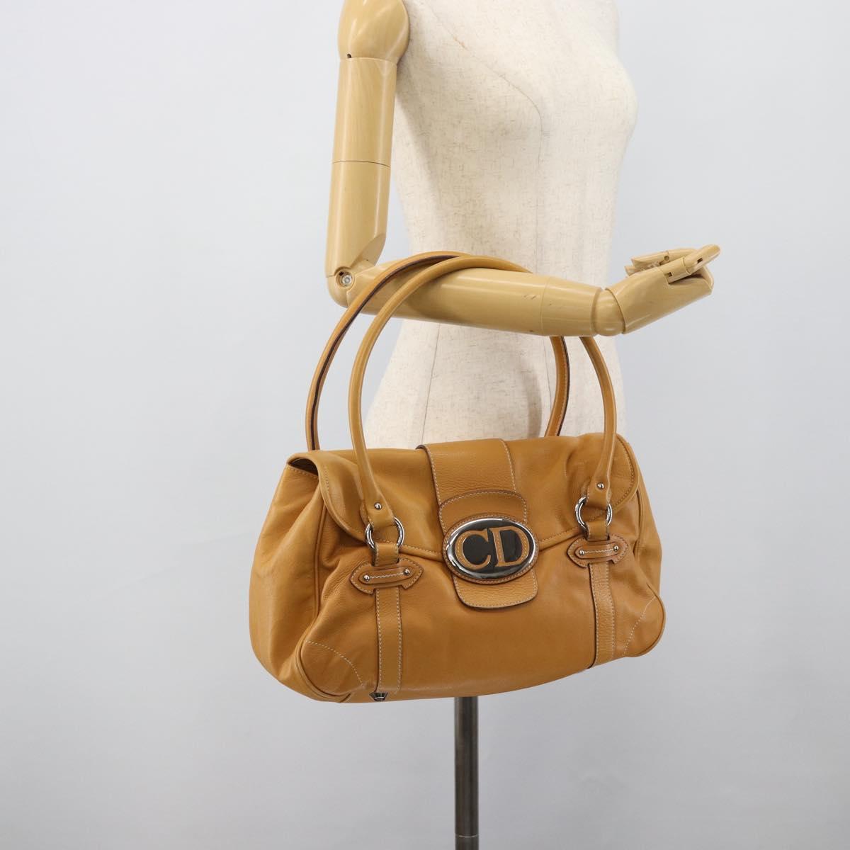 Christian Dior Hand Bag Leather Beige Silver Auth 189896A