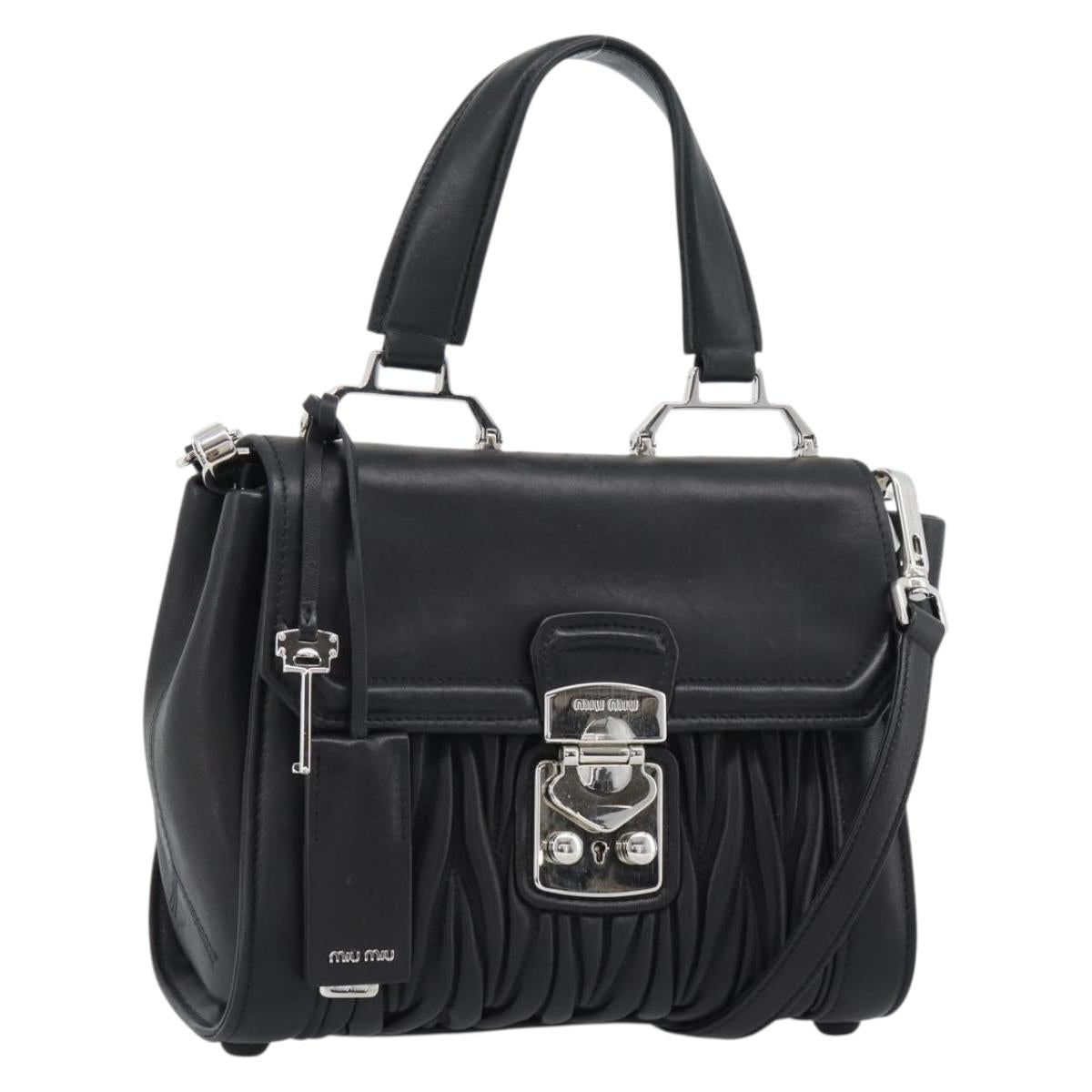 Miu Miu Matelasse Hand Bag Leather 2way Black Silver Auth 189898SM