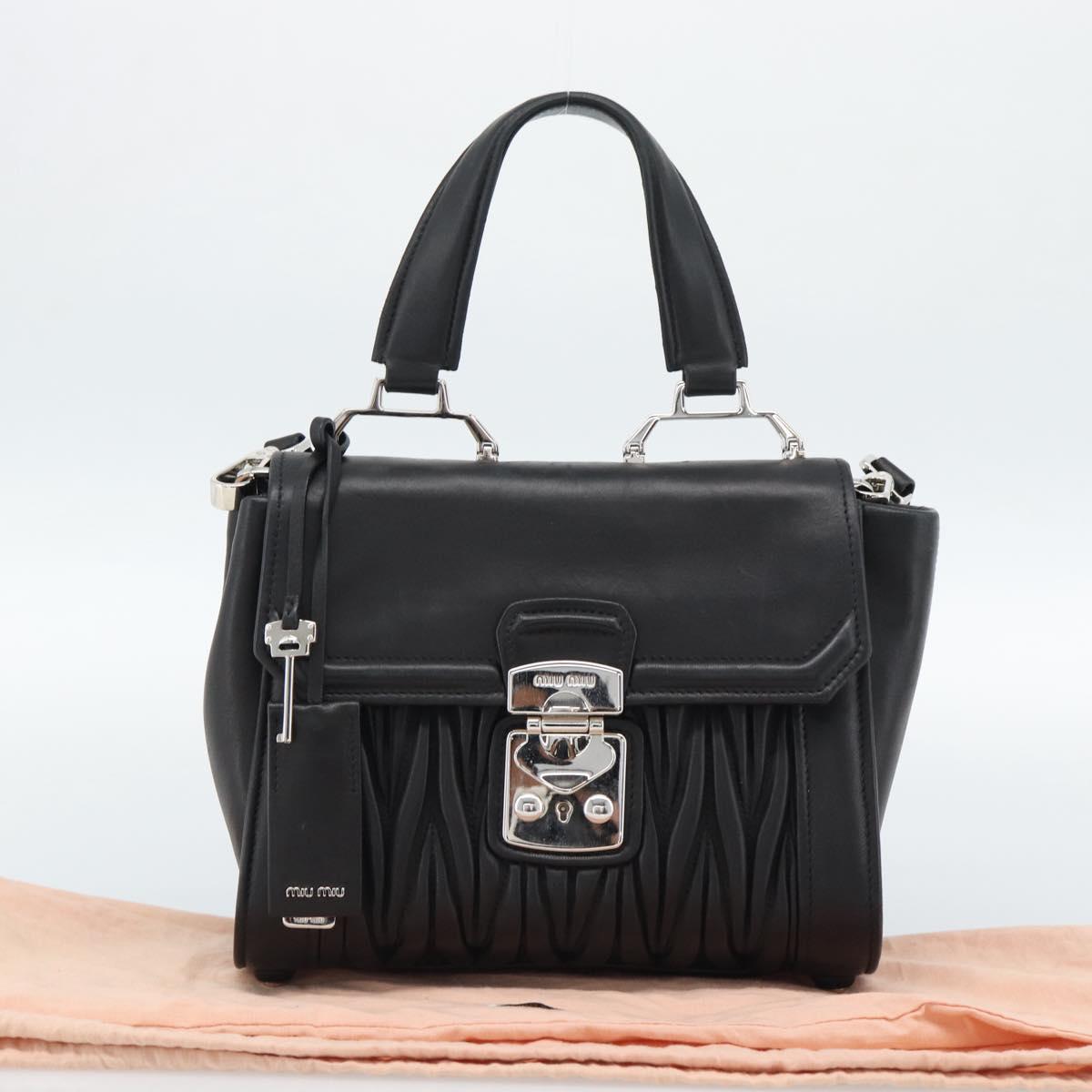 Miu Miu Matelasse Hand Bag Leather 2way Black Silver Auth 189898SM