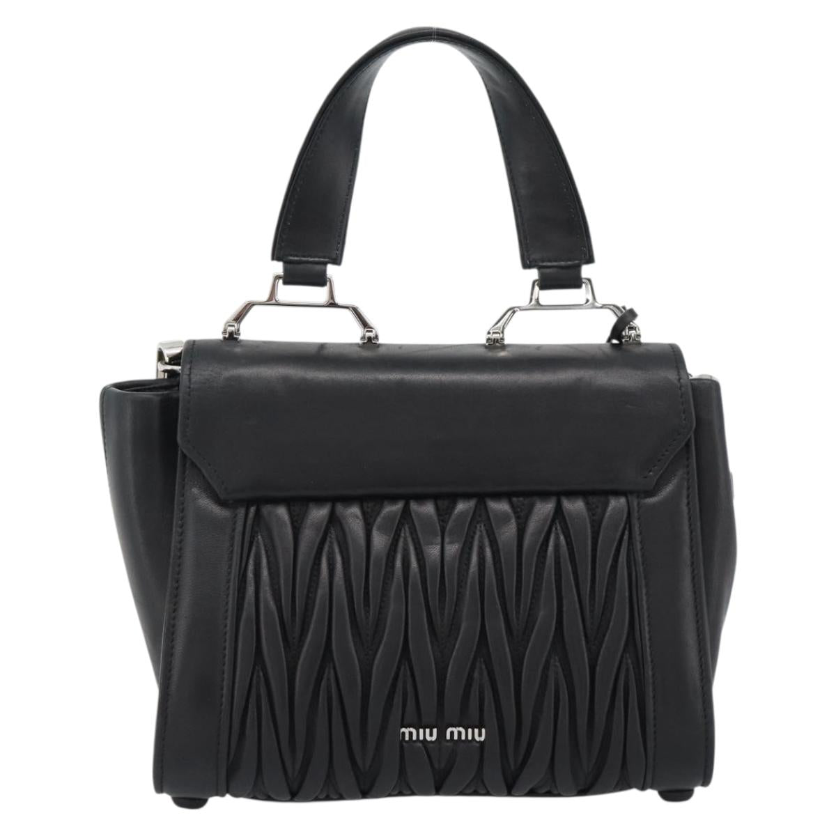 Miu Miu Matelasse Hand Bag Leather 2way Black Silver Auth 189898SM