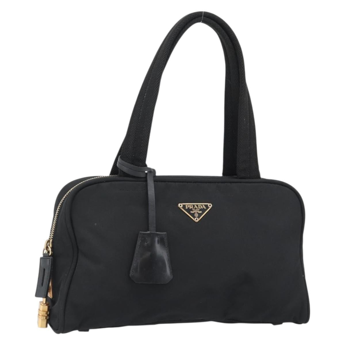 PRADA Hand Bag Nylon Leather Black Gold Auth 189916A