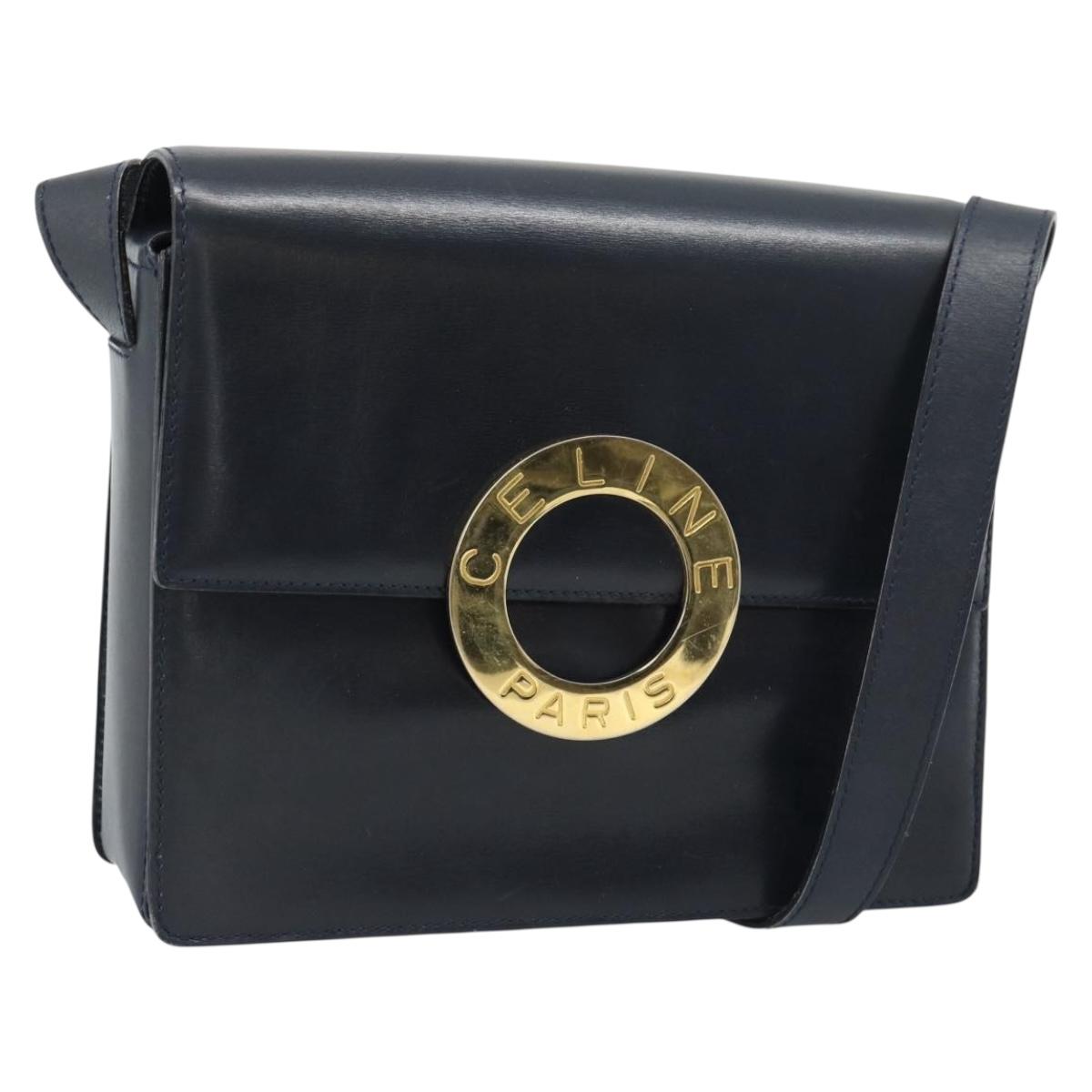 CELINE Circle Shoulder Bag Leather Black Gold Auth 189921