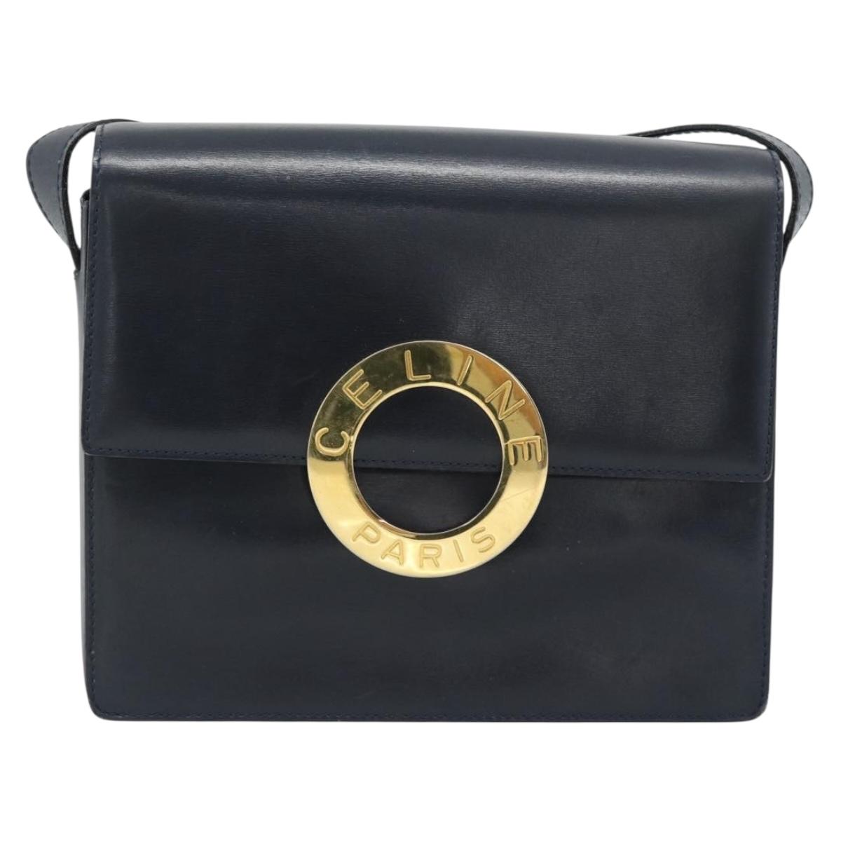CELINE Circle Shoulder Bag Leather Black Gold Auth 189921